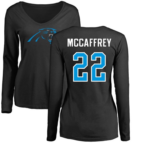 Carolina Panthers Black Women Christian McCaffrey Name and Number Logo Slim Fit NFL Football #22 Long Sleeve T Shirt